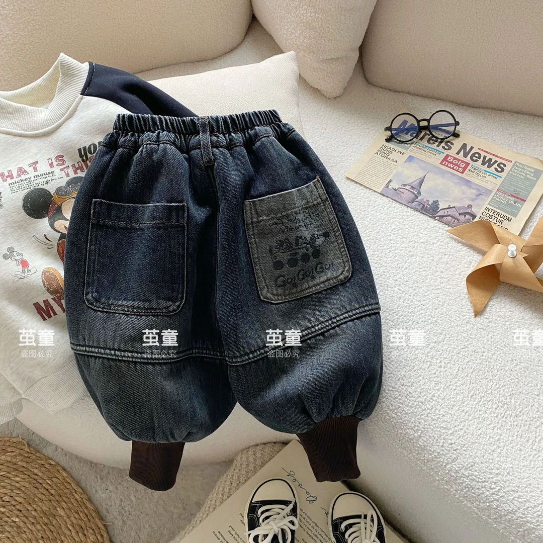 【麦麦妈】D289冬季小童拼接厚绒灯笼牛仔裤新品男女宝宝休闲保暖