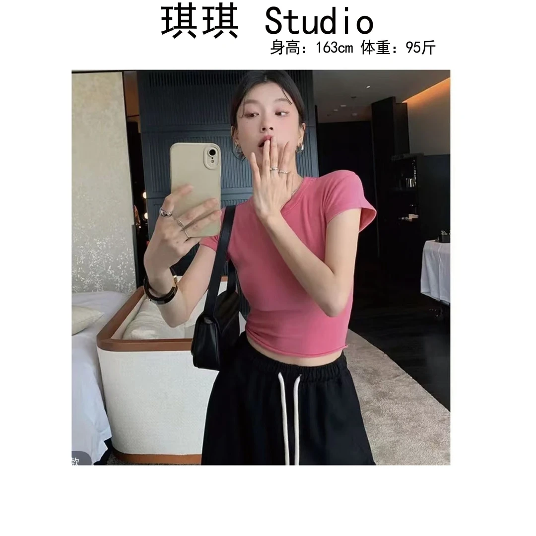 《琪琪家》夏季新款纯色圆领基础简约气质时尚显瘦减龄短袖2279-CS