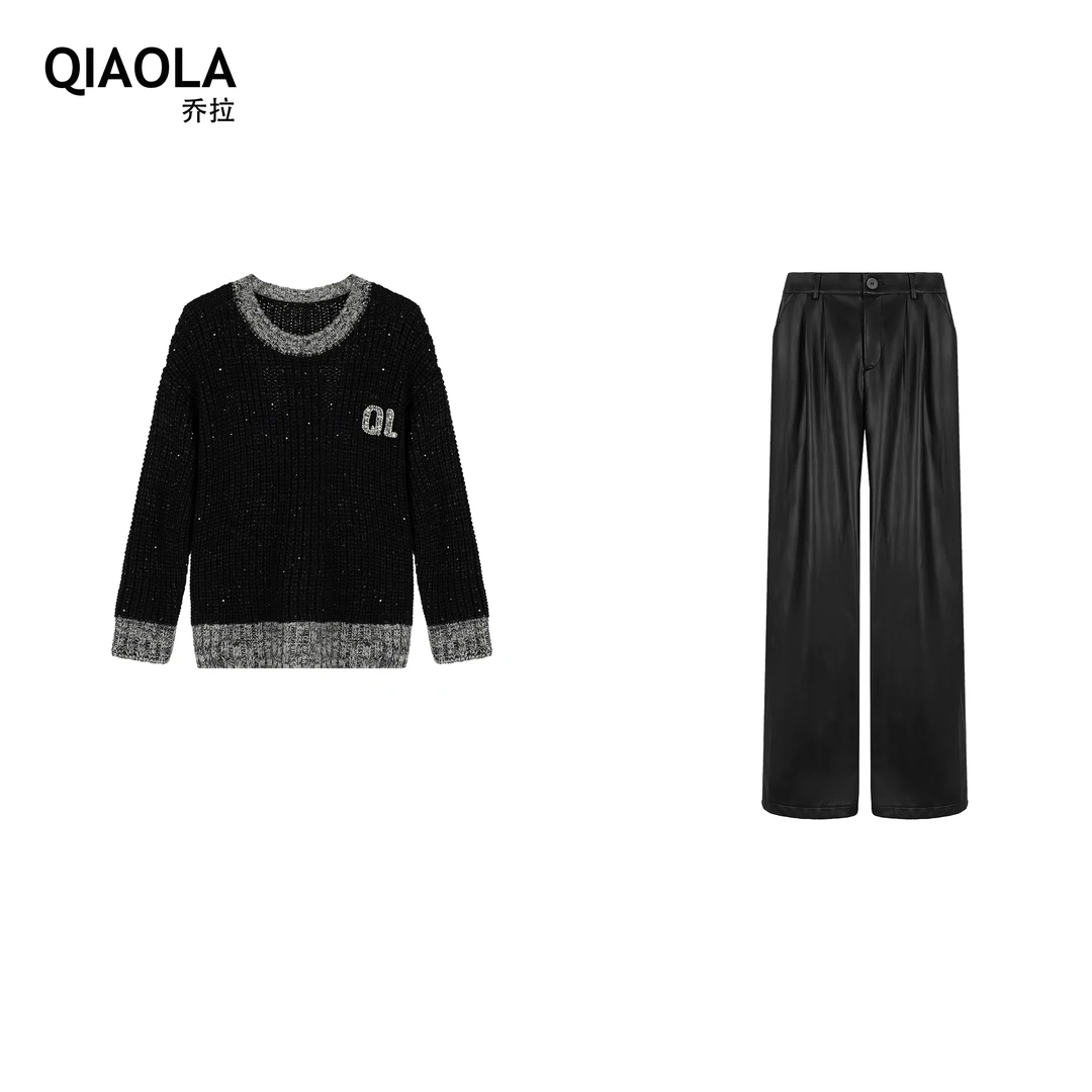 QIAOLA/乔拉【贝斯乐手】小众设计坑条珠片毛织圆领休闲时尚套装