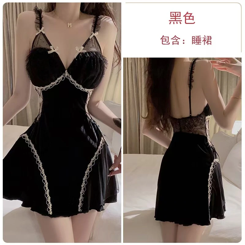 甜美绒绒性感蕾丝轻奢聚拢加胸垫吊带睡裙外袍蕾丝轻奢