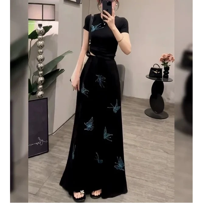 法式富家千金名媛风蓝色蝴蝶圆领套装女春秋夏伞裙套装女