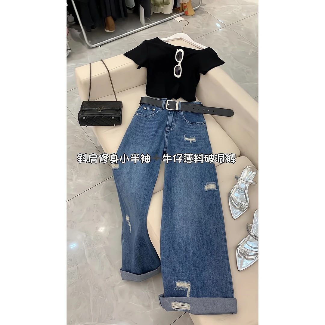 夏季一整套女装2025年新款韩版休闲显瘦短袖上衣阔腿牛仔裤两件套