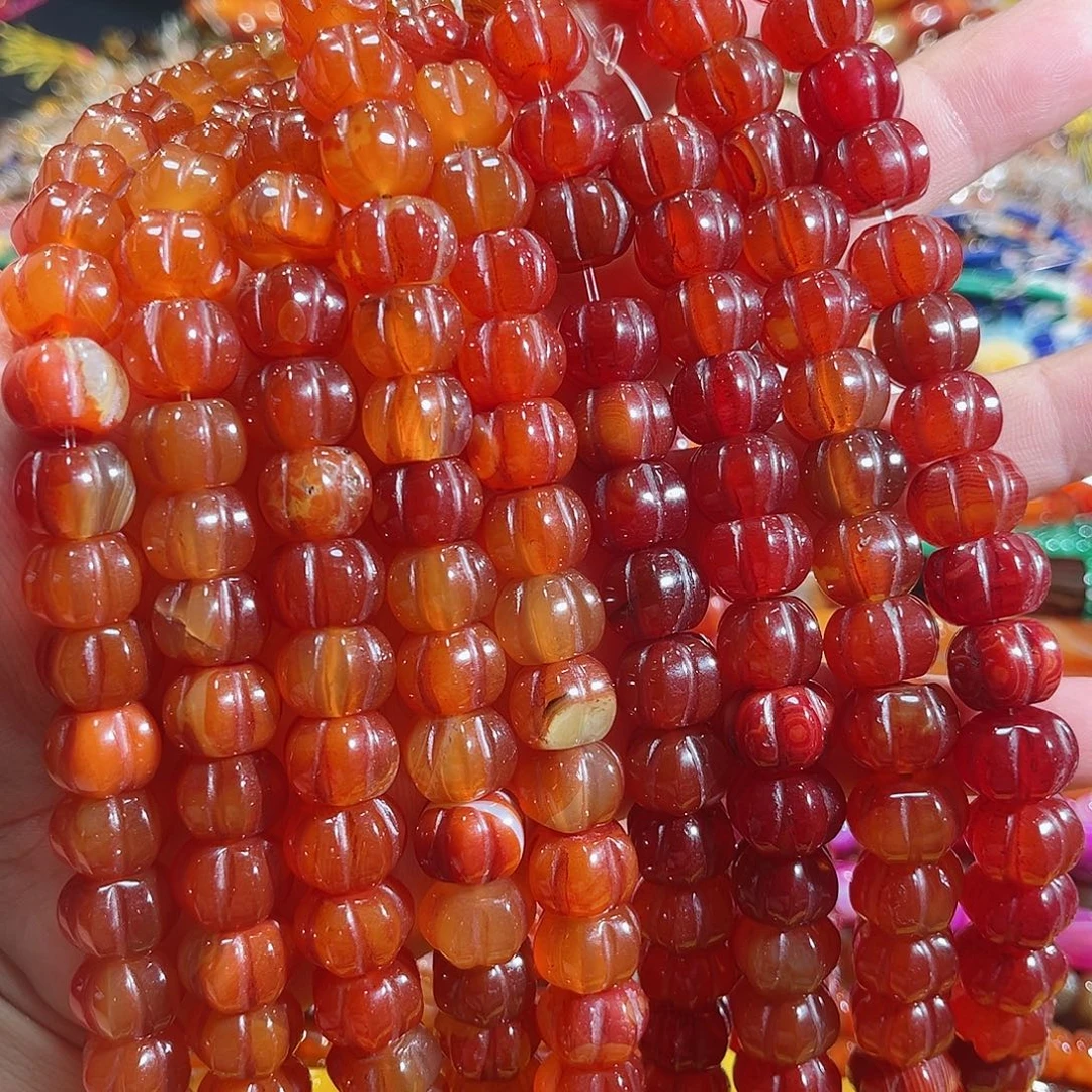 玛瑙/玉髓未镶嵌珠宝半成品红玛瑙雕刻瓜珠一条20颗13mm