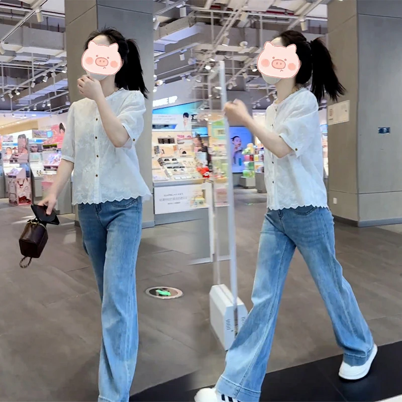 法式轻奢气质衬衫女夏季爆款超好看绝美上衣阔腿牛仔裤减龄两件套