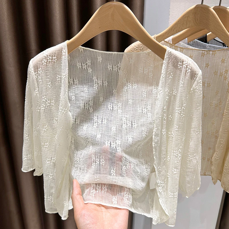 冰丝薄款网纱半袖开衫女夏透气防晒小外搭配裙子洋气镂空蕾丝披肩