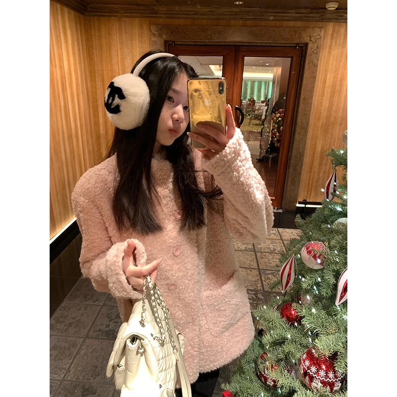 王少女的店 粉色百搭毛绒圆领外套冬季甜美日系短外套 W29291S44