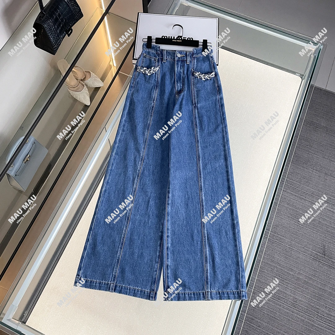 25新款女士珍珠编织缀饰牛仔条边饰牛仔裤 DY7042