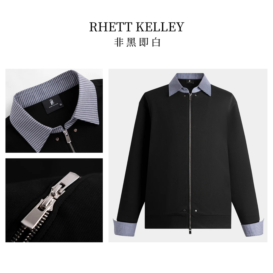 『高端光栅暗蓝条纹撞色夹克』春季休闲哈灵顿拼接翻领男士长袖开衫