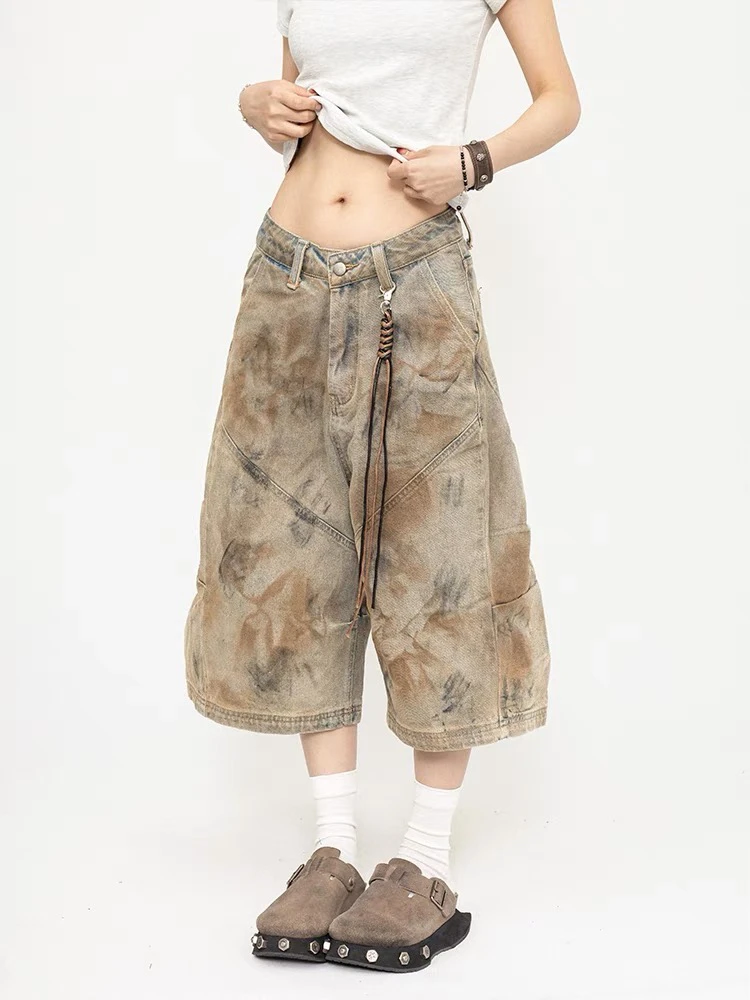 夏季美式复古风做旧脏染男女七分裤牛仔短裤阔腿裤情侣百搭
