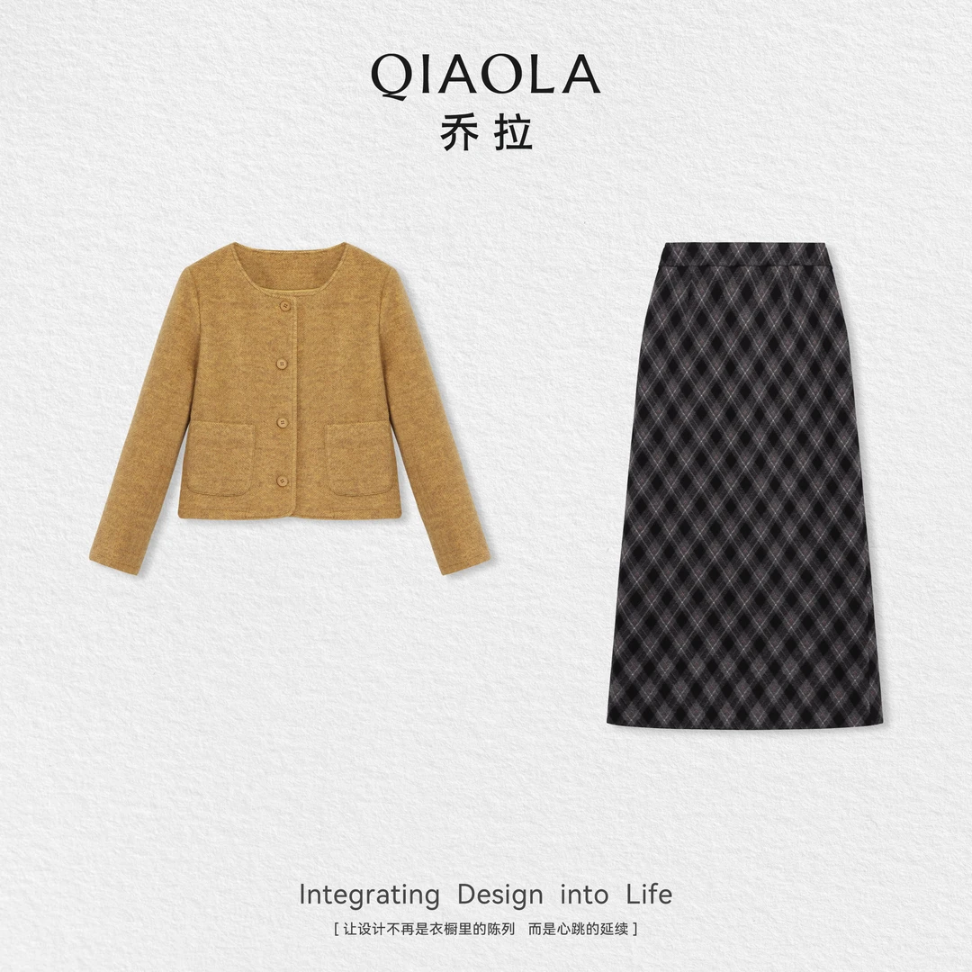 QIAOLA/乔拉【暖炉烤茶】秋季羊毛时尚简约外套梭织格纹半裙预售