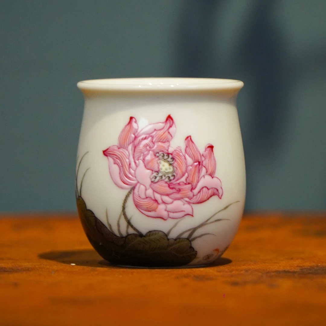 诗逸瓷话·粉彩荷花小福袋杯手工手绘