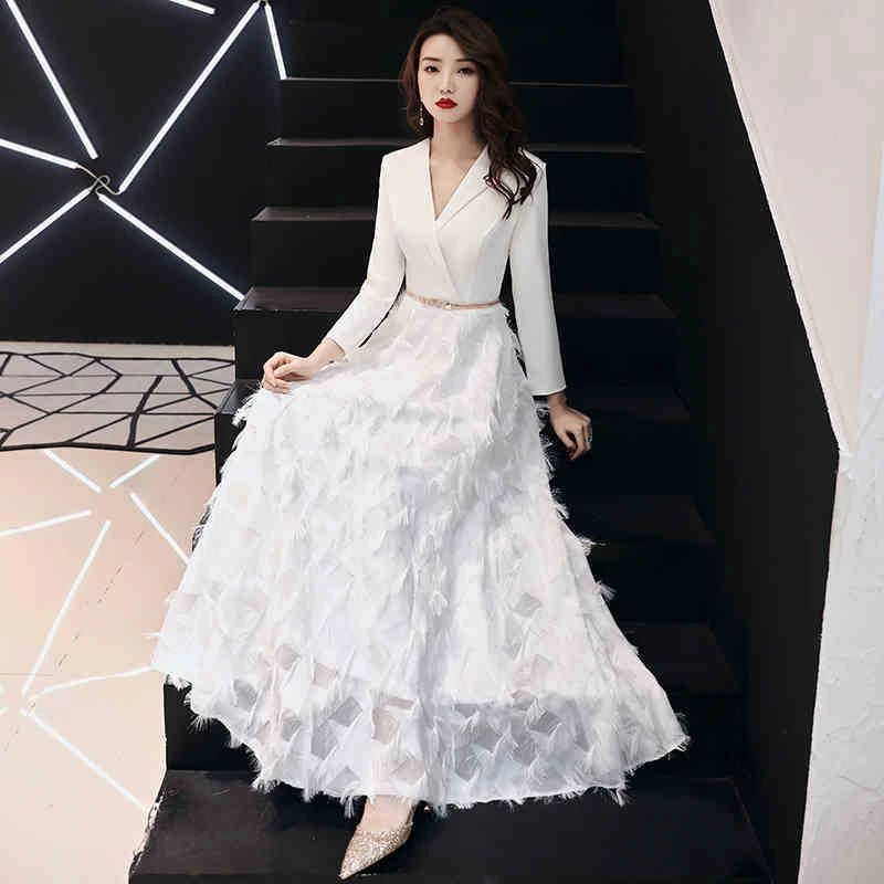 礼服裙女2025新款春秋宴会优雅长款走秀主持人气质年会晚白色礼服