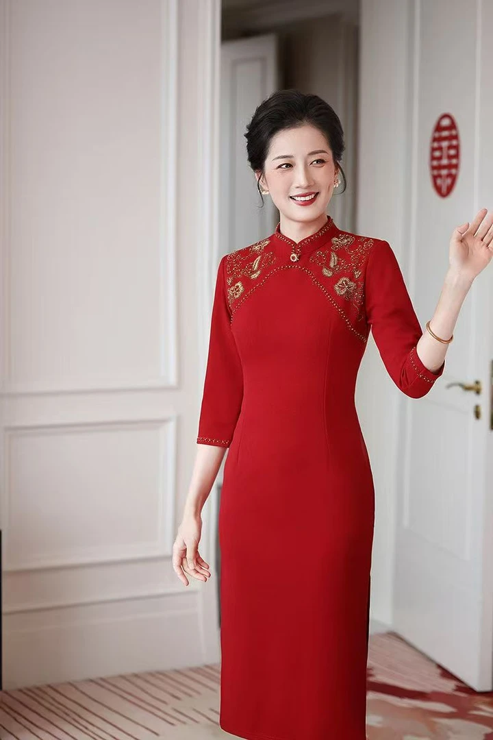 【金玉】年轻喜婆婆婚宴装醋酸旗袍连衣裙春秋新款婚礼妈妈礼服