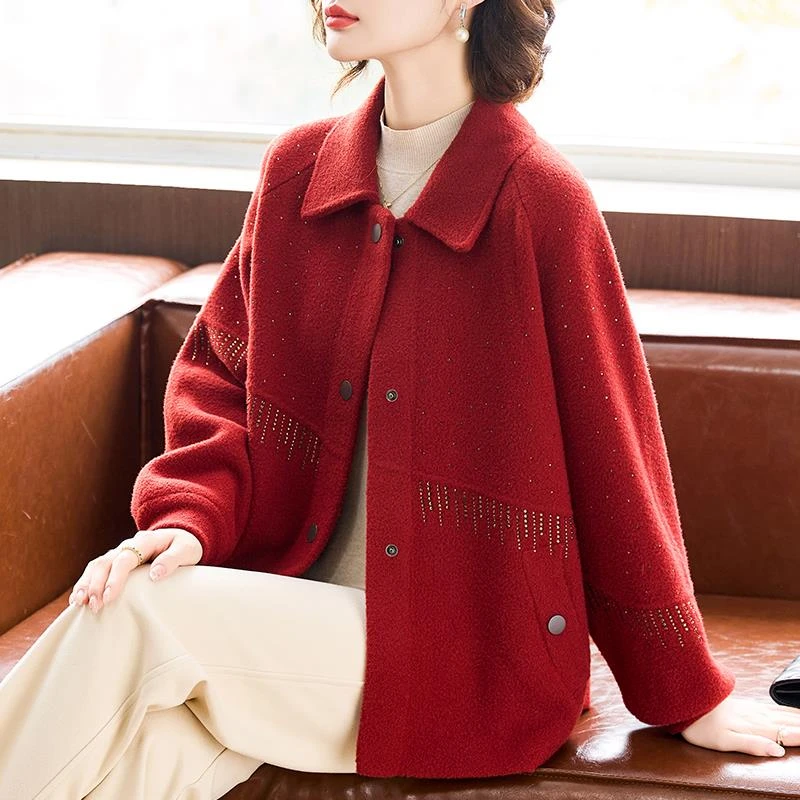 本命年妈妈冬装高贵毛呢开衫外套中老年女装秋冬季红色呢子上衣服
