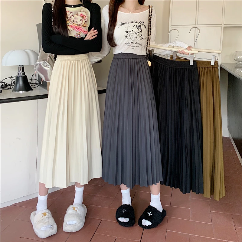 大码女装胖mm百搭韩版秋季松紧高腰百褶裙显瘦垂感百搭a字中长裙