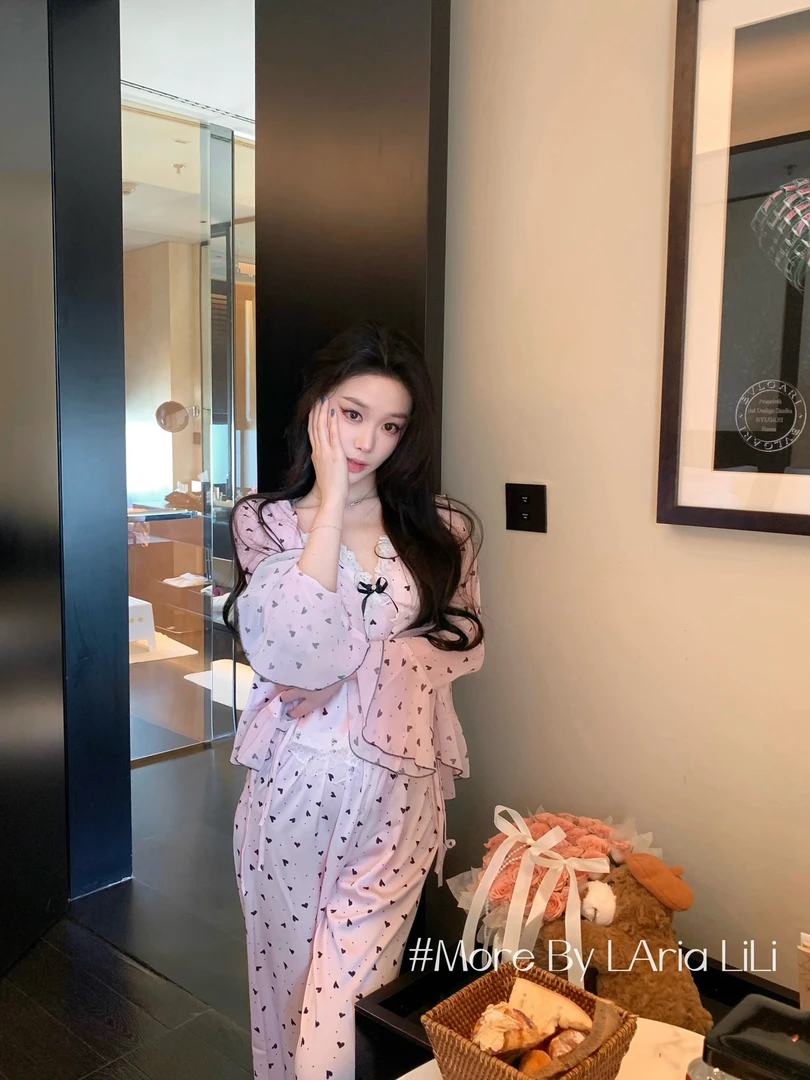 LAria粉桃气泡 性感冰丝睡衣女春秋款2025新款纯欲风家居服三件套