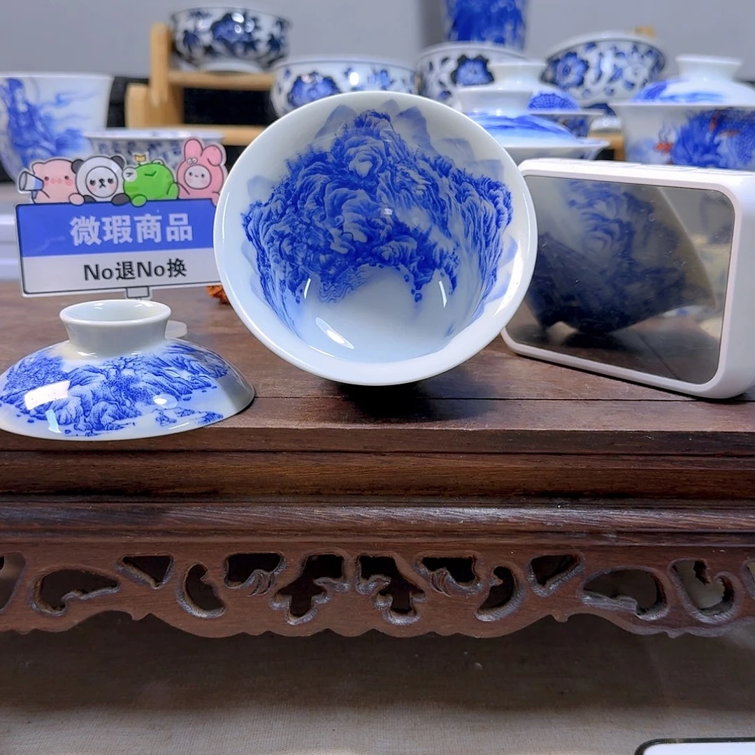 泥塑小**学山水盖碗手工手绘