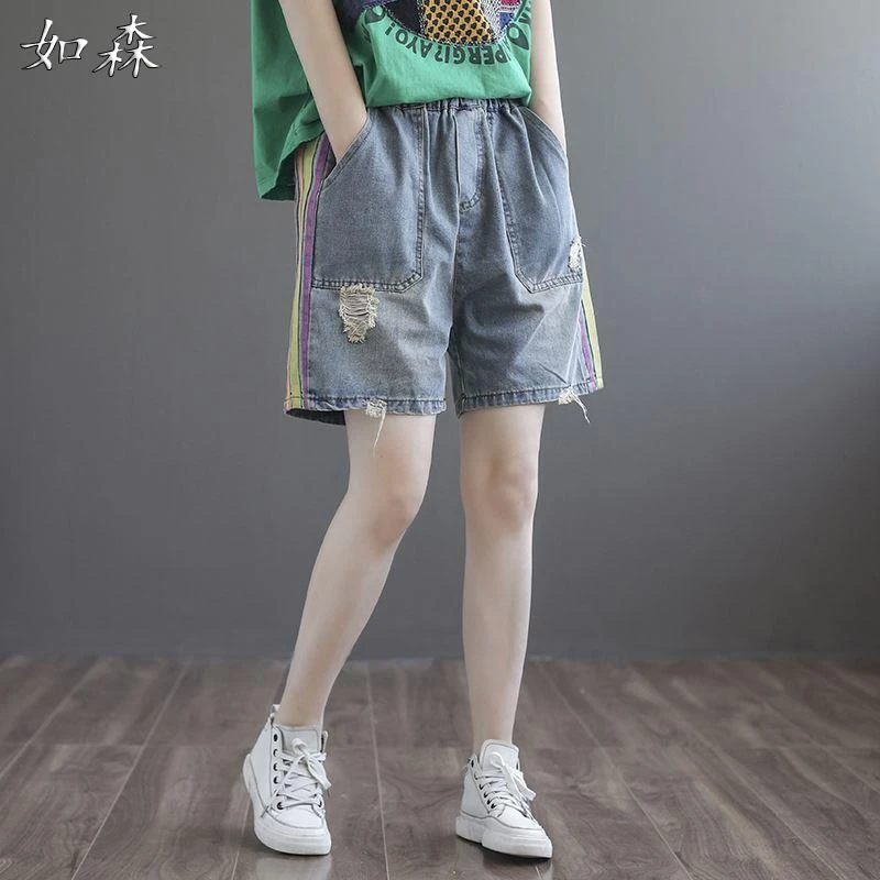 破洞牛仔短裤女2025夏季新款宽松大码百搭侧条纹显瘦A字阔腿热裤