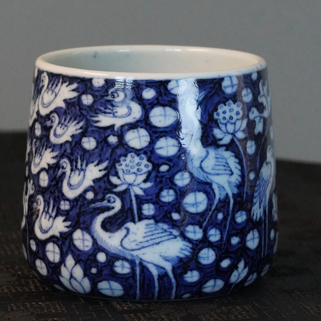 造物山房 窑主夫人亲工巨蓝白鹭纹威士忌杯