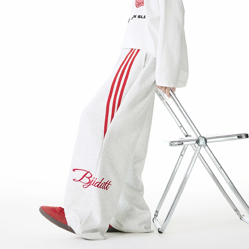 白花灰色美式条纹刺绣卫裤男款秋季2025新款垂感长裤直筒休闲裤子