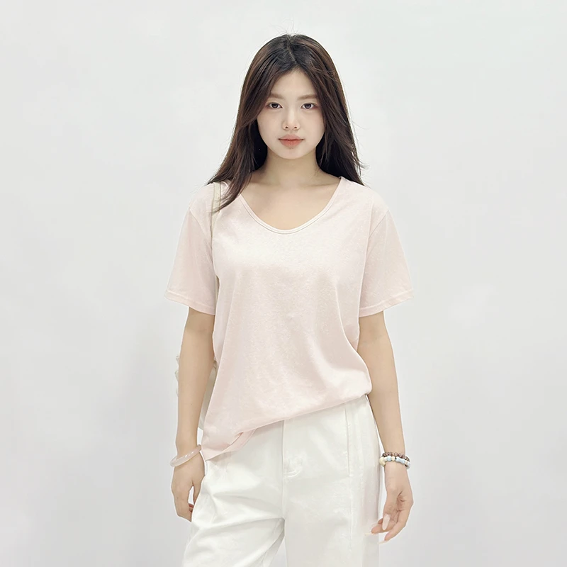 YOKLASS少女家 【清清】粉色V领T恤休闲上衣 T34416S52