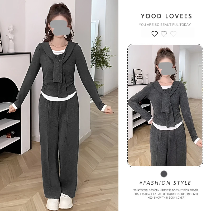 时髦高级感休闲时尚套装女春秋韩系简约松弛假两件上衣长裤两件套