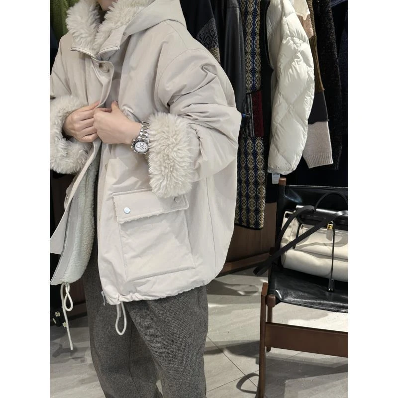 羊羔毛大毛领工装派克加厚连帽外套  J25WT665