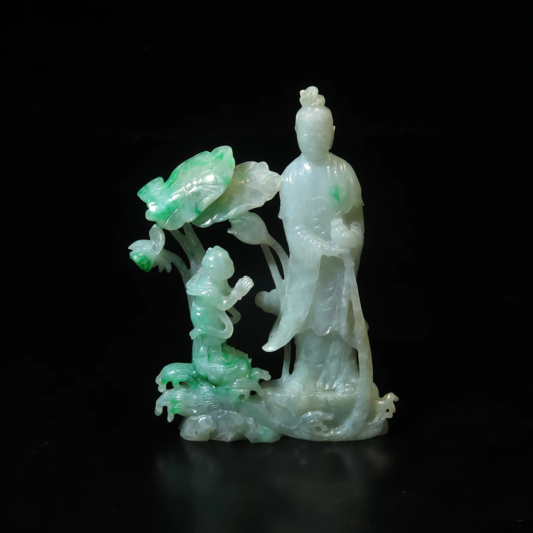 清代翡翠雕童子拜观音摆件/MZ033889/翡翠/民族文物