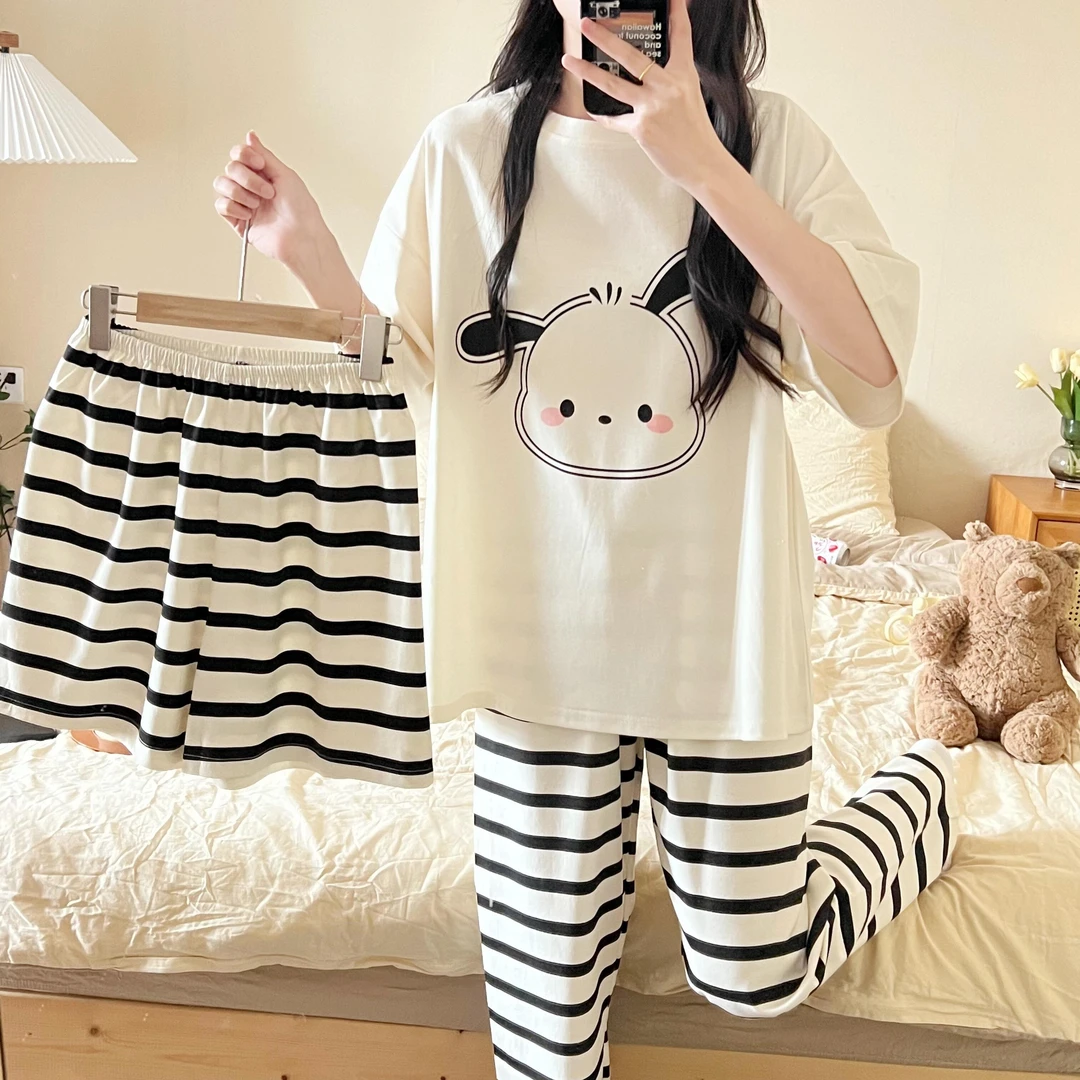 新款女睡衣三件套装卡通可爱夏季休闲夏天薄款宽松大码家居服套装