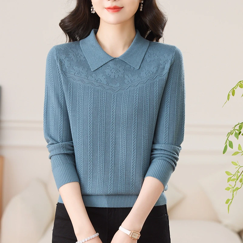 早春羊毛翻领针织打底衫妈妈春装2025年新款女装春秋毛衣长袖上衣