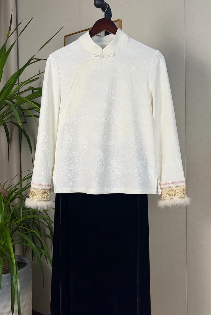 中国风立领长袖提花斜襟抓绒拼水貂毛冬季内搭百搭显瘦