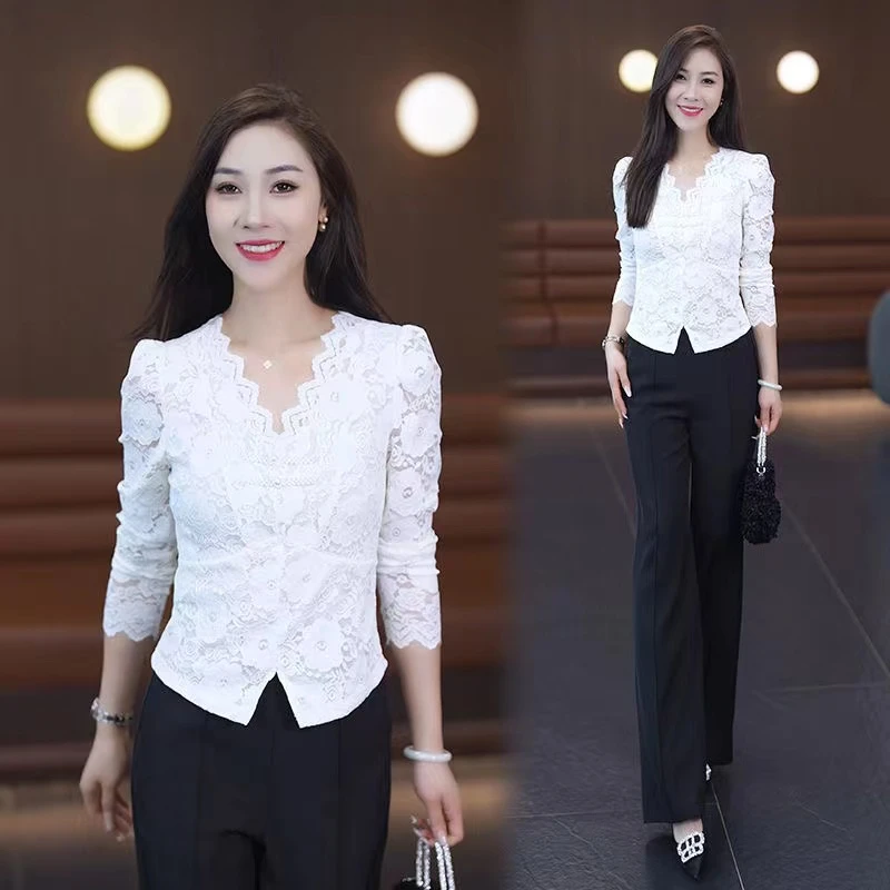 V领蕾丝打底衫女春季款2025新款小个子韩版修身国风镂空网纱上衣