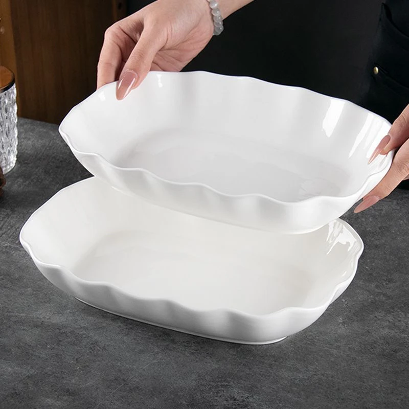 1只装 10.5英寸纯白陶瓷大鱼盘菜盘家用花边鱼盘荷叶边高颜值