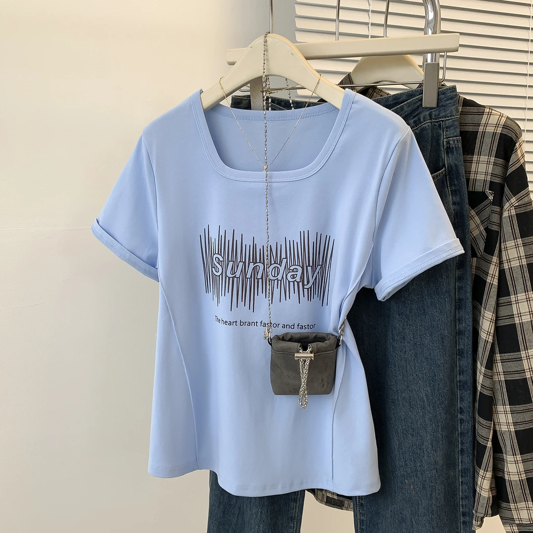 大码女装2025春夏新款胖妹妹遮肚显瘦上衣胖mmU领正肩百搭短袖t恤