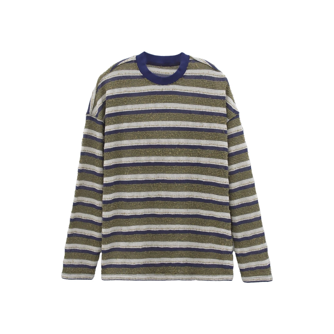 Once recur圆领条纹做旧勾丝T恤