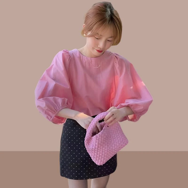 tugudie粉色泡泡袖防晒衬衫女夏款2025新款爆款别致漂亮小衫遮肚