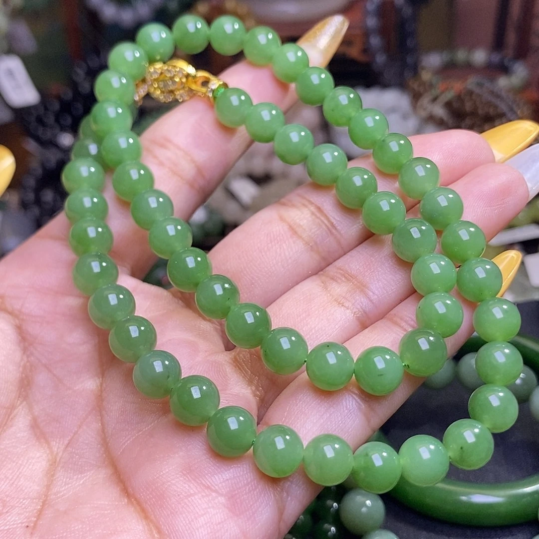 和田玉未镶嵌颈饰碧玉苹果绿约8mm妈妈项链