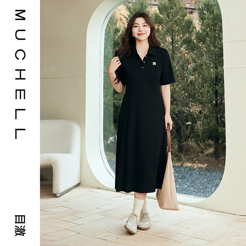 目澈MUCHELL夏季新款【小银迹】大码POLO领收腰连衣裙MDS2LD2012