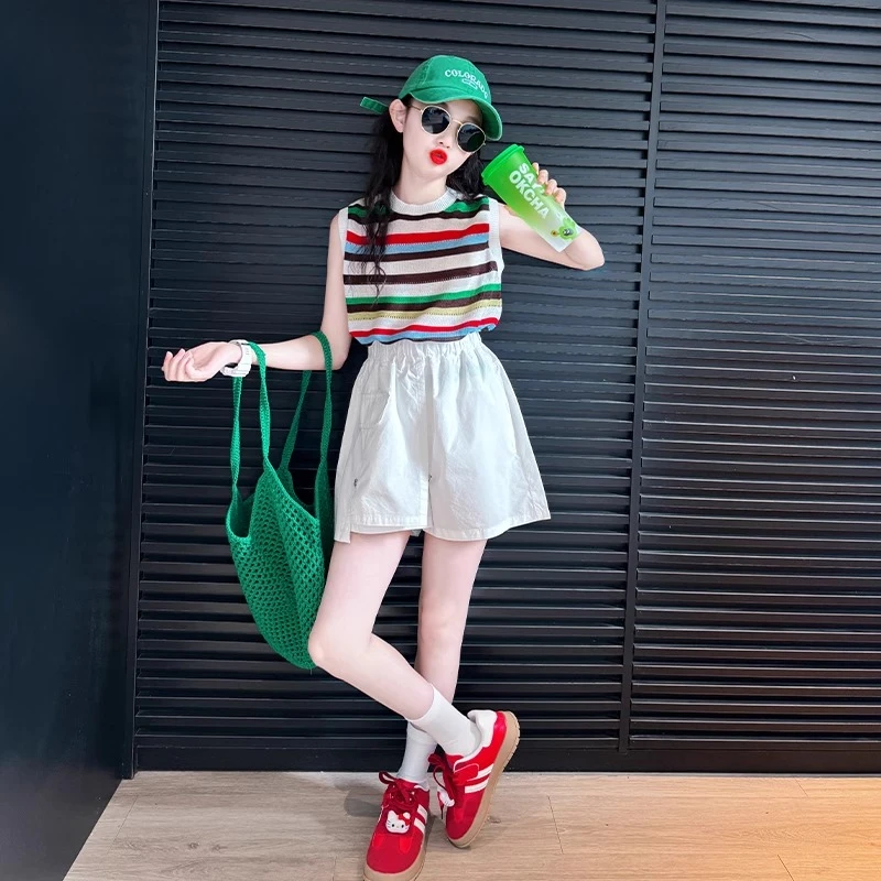 女童短裤夏薄款2025新款儿童五分裤子夏装洋气女大童潮酷穿搭套装