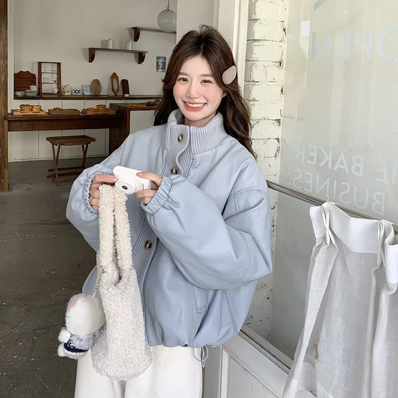 设计感针织拼接蛋白皮立领羽绒服女2025冬新款加厚保暖白鸭绒外套