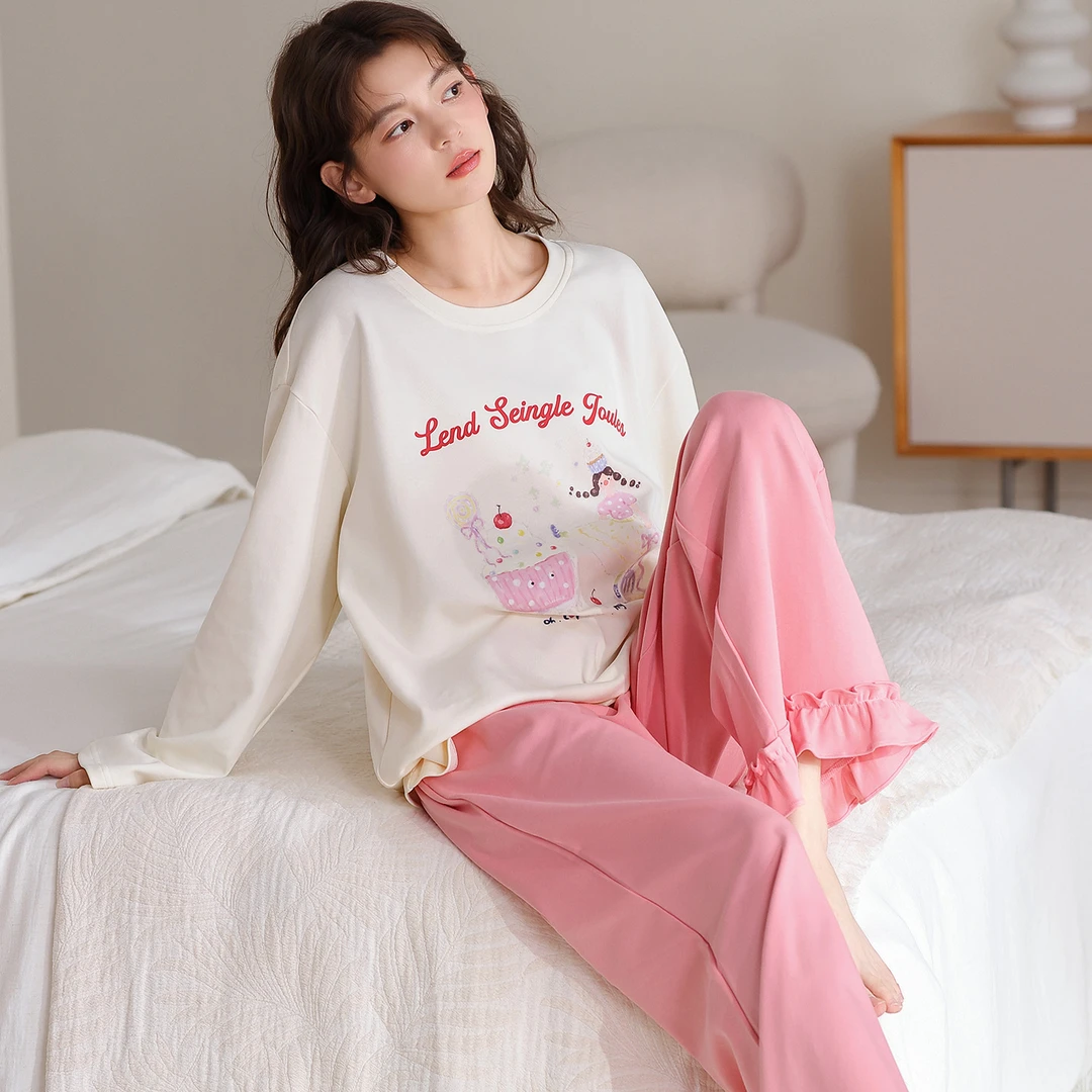 新款女士圆领纯棉睡衣长袖长裤蛋糕女孩甜美睡衣家居服套装可外穿