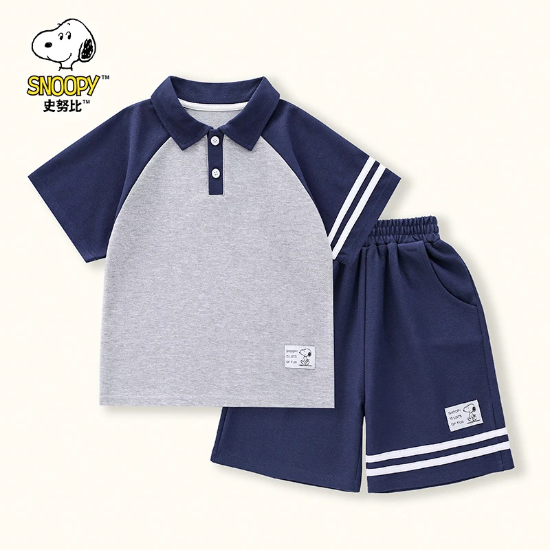 史努比夏季儿童拼接中大童撞色插肩袖珠地棉翻领半袖POLO衫套装