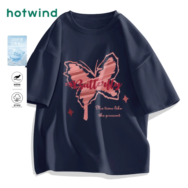 Hotwind/热风蝴蝶印花男女款纯棉短袖T恤潮牌圆领设计感通勤新款