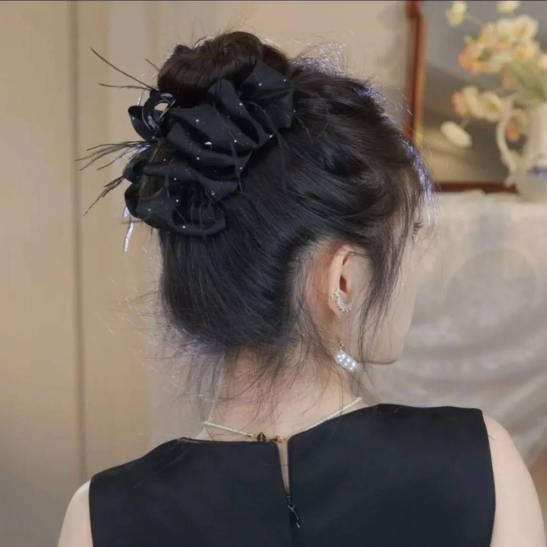 【星空】高档缎面发夹羽毛抓夹爆款高马尾发夹抓夹百搭优雅气质抓夹