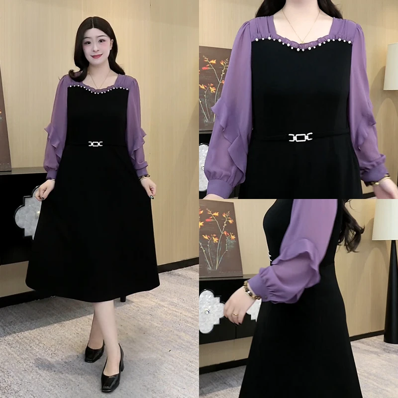 【现现款】胖大盈大码连衣裙春季新款气质百搭长袖拼接裙子ZB6615