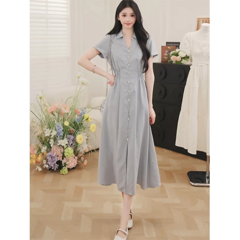 鹿向南「盛夏漫漫」气质polo领女夏季连衣裙抽褶收腰长款a字裙子
