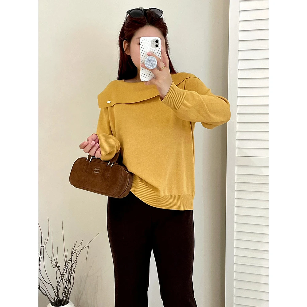 【鱼白】大码设计感气质一字领上衣2025秋款胖mm宽松针织衫女23310