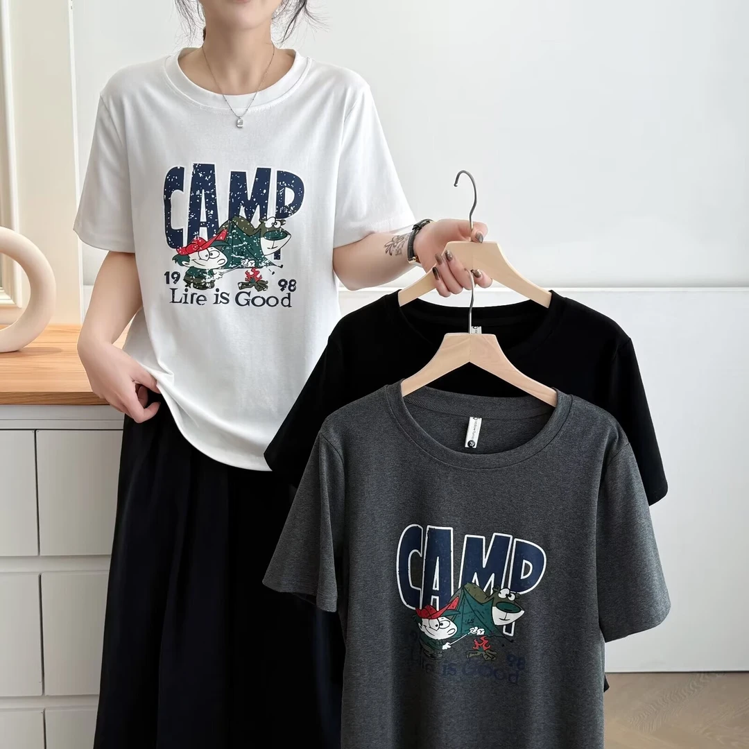 2025夏季清货大码百搭休闲宽松显瘦卡通印花短袖正肩设计圆领T恤