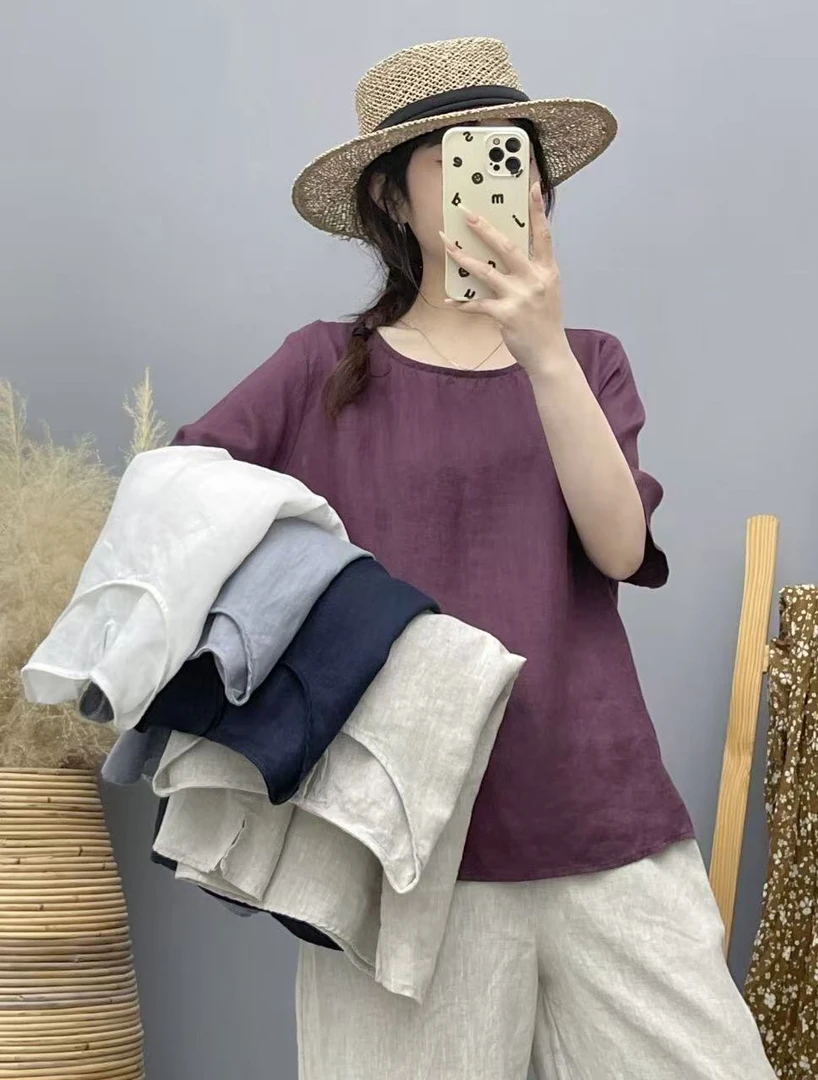 100%亚麻极简风后背纽扣套头短袖小衫圆领百搭上衣女
