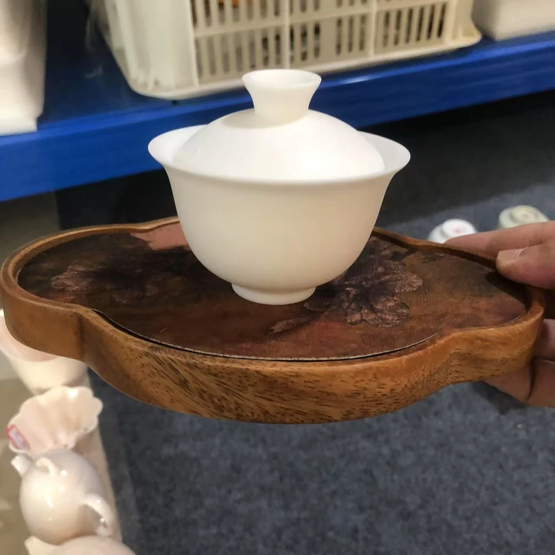 【何白龙窑】冰种玉瓷元宝三才盖碗hbly-1031